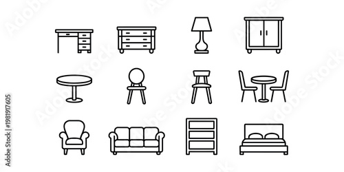 Set of black outline furniture on white background desk dresser lamp