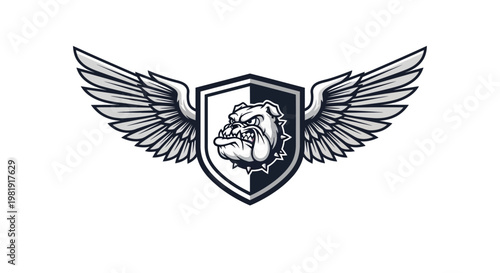 Monochrome graphic illustration of an angry bulldog head inside a shield with outstretched wings, symbolizing strength and protection.