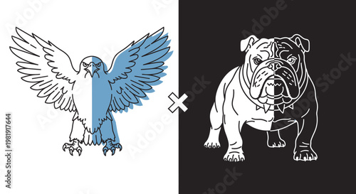 Stylized illustration of an eagle with blue accents and a bulldog with white accents, separated by an 'x' on contrasting backgrounds.