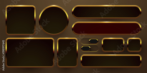 Luxury golden frames and buttons set for web and game design. Elegant UI elements.