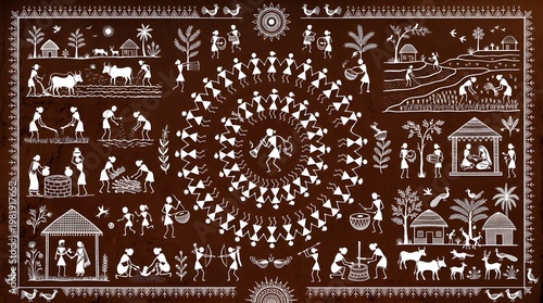 A traditional Indian Warli painting depicting various scenes of rural life and mythology in white on a brown background