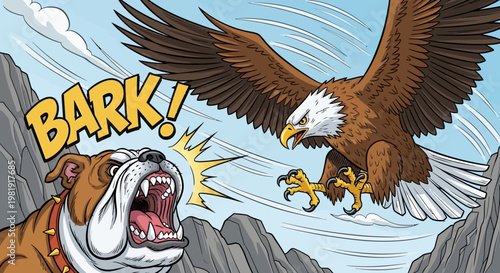 A cartoon bulldog barks aggressively at a swooping bald eagle in a rocky landscape illustration.