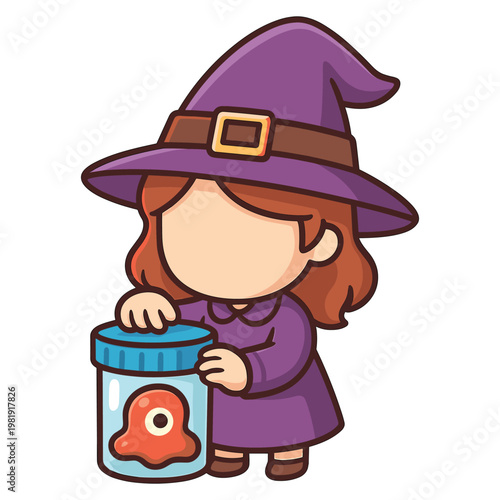 Cute witch holding jar with eyeball cartoon
