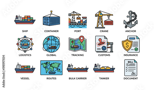 Maritime logistics icons featuring ships, containers, cranes, and global tracking elements