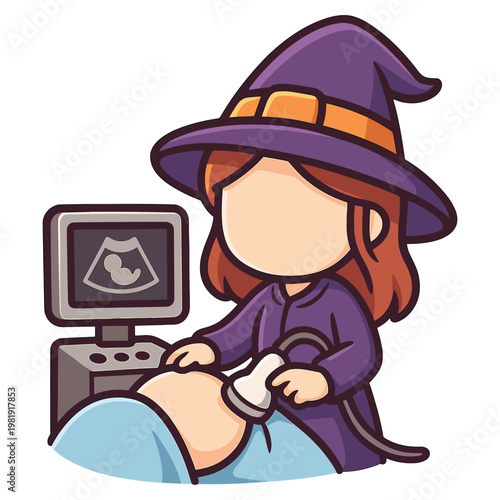 Witch Performing Ultrasound Scan Flat Vector Illustration