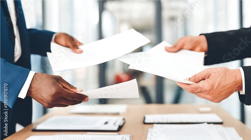 Conflict resolution communication teamwork professional arranging document together settle disagreement bright office setting no face visible clean interior soft natural light calm professional