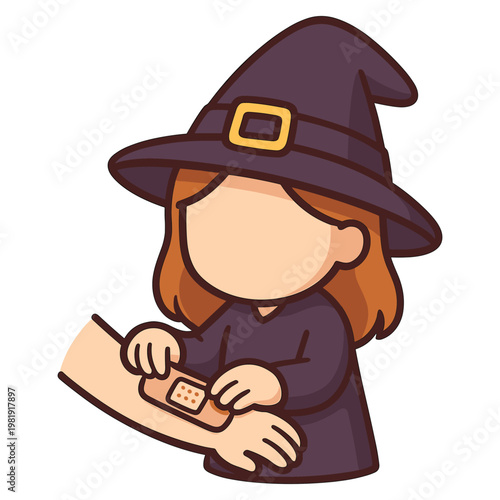 Witch applying bandage to arm flat vector illustration
