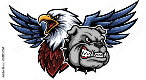 An aggressive bald eagle with blue wings and a fierce bulldog head with a spiked collar, symbolizing strength and determination.