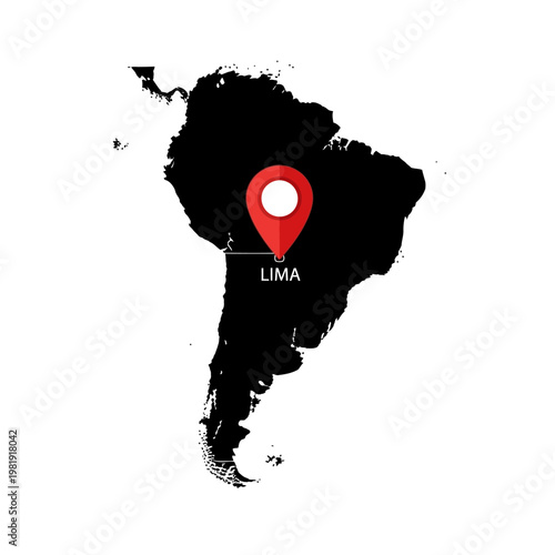 Map of South America with a Pinpoint Marking the Location of Lima in Peru
