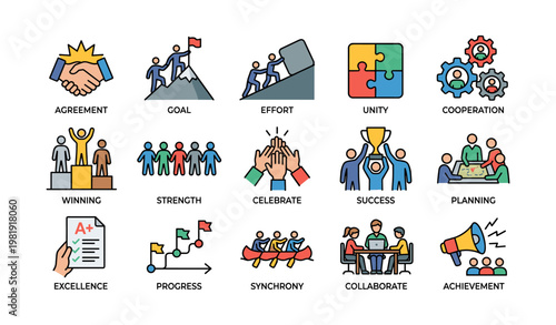 Icons of teamwork and success: goal, unity, strength, winning, effort, cooperation