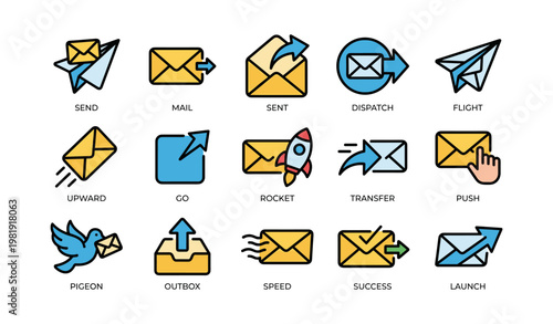 Email icons set: send, mail, flight, rocket, transfer, launch