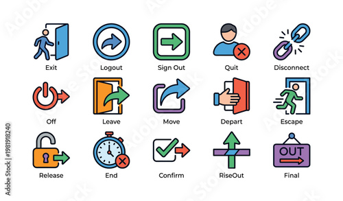 Colorful icon set depicting various actions: exit, logout, escape, confirm, more