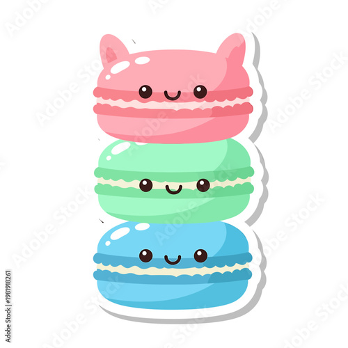 A colorful stack of cute macarons with smiling faces are stacked vertically.