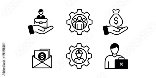 Six black and white business on white background including briefcase money bag and gears finance dollar in white background