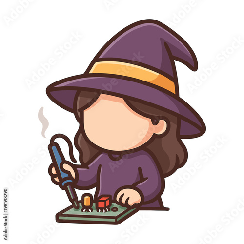 Woman in Witch Hat Soldering Circuit Board Flat Illustration