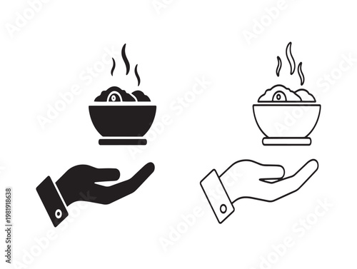 Two black and white illustrations of bowls of food held in hands isolated on transparent background