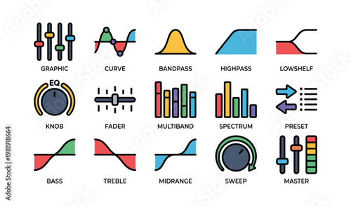Audio equalizer icons: graphic, preset, frequency control symbols