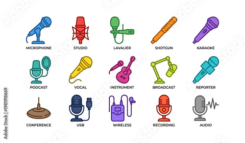 Colorful icons of audio equipment including microphones and headphones