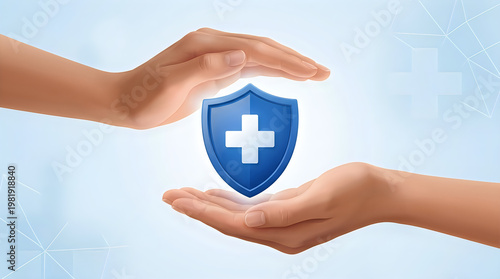 Hands protecting a medical shield icon for health insurance concept