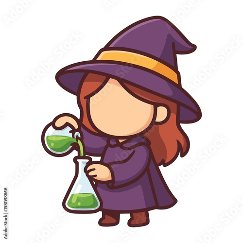 Cartoon witch pouring potion in laboratory flask