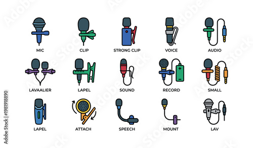 Various microphone types with clip lavalier lapel and accessories