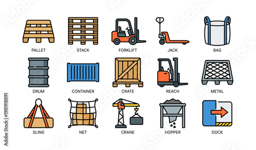 Warehouse equipment icons including forklift, pallet, crane, and container illustrations