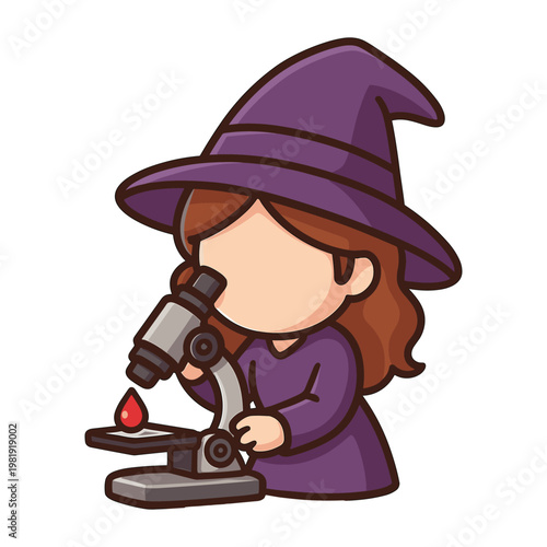 Witch examining blood sample under microscope
