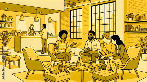 Group of diverse friends talking and drinking coffee in a cozy cafe illustration