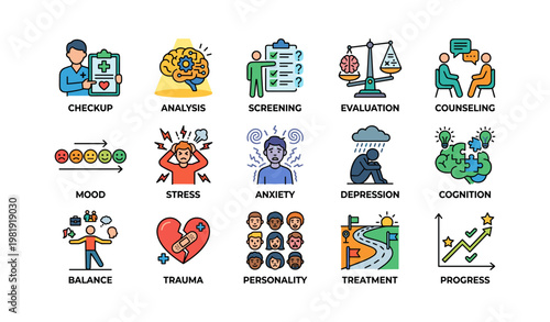 Mental health icons set: analysis, stress, therapy, cognition, treatment, screening, counseling