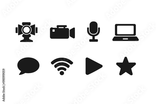 Online Show Icons. Online live show. Filled icon set of Online live show: stage light, camera, microphone,