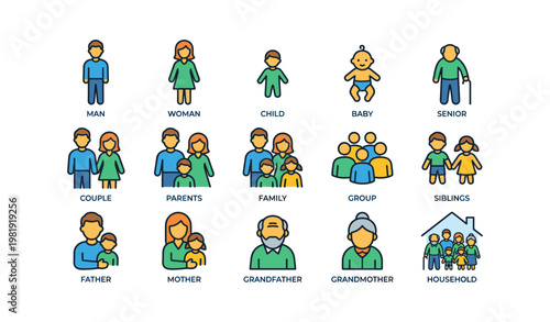 Illustrated icons of family members and relationships