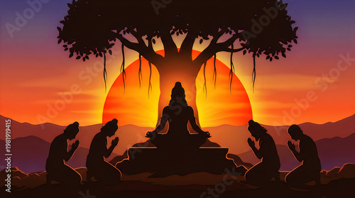Pixel Art Buddha Meditating Under Bodhi Tree at Sunset