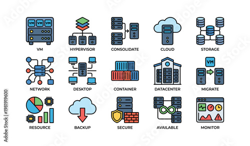 Colorful it infrastructure icons: vm, cloud, datacenter, network, backup