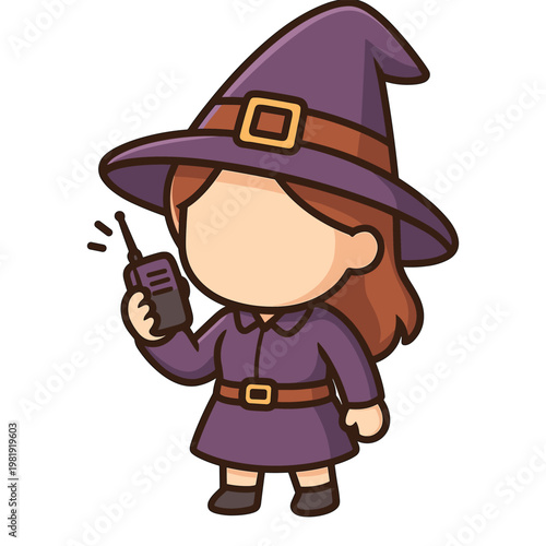 Cute witch character holding walkie talkie flat vector