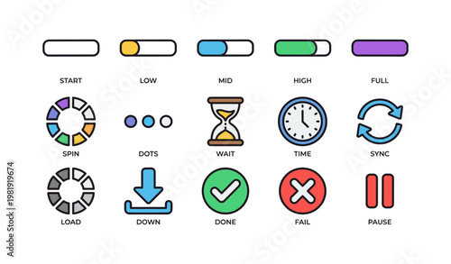 Colorful icon set with progress bars and function symbols: start, spin, download, checkmark, cross