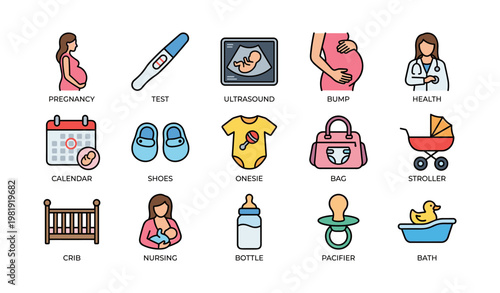 Pregnancy and baby essentials icons featuring health, ultrasound, nursing, and baby items