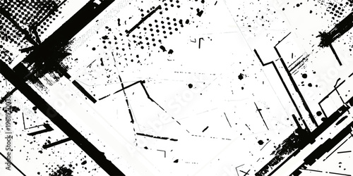 Geometric Composition: An abstract composition in black and white, featuring a dynamic arrangement of lines, shapes, and textures, creating a modern and intriguing visual experience.