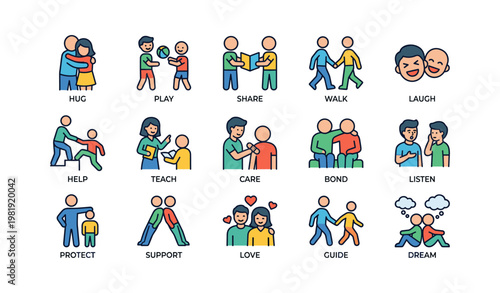 Cartoon characters engaging in positive social interactions and emotions