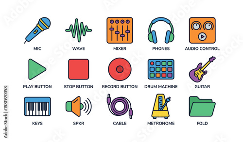 Colorful music equipment icons including mic, mixer, headphones, and guitar