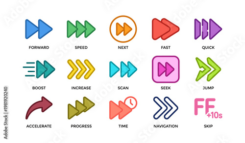Colorful playback and navigation icons for media control and fast forwarding