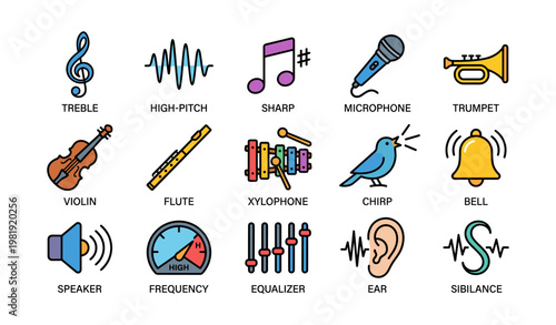 Colorful musical icons set with instruments and sound elements