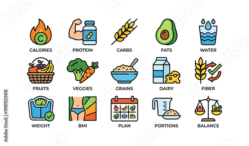 Healthy eating icons: calories, protein, carbs, fats, water, fruits, and more