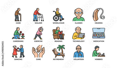 Elderly activities and aids icons set featuring diverse seniors