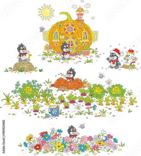 Little mole peeking out of its new hole among green ripening vegetables, enjoying flowers, standing near a pumpkin house, playing with a snowman, a set of vector cartoon illustrations