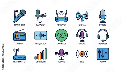 Audio equipment icons: microphone, headset, receiver, podcast, studio, signal, record, live, connect