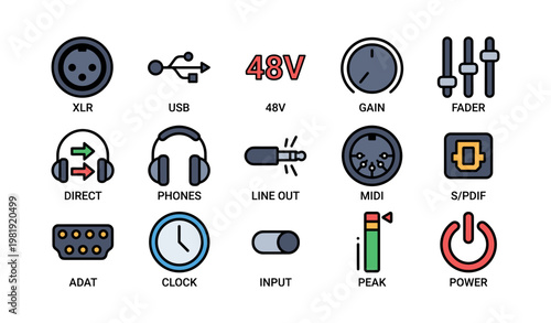 Audio equipment icons: connectors, controls, and indicators for professional sound systems