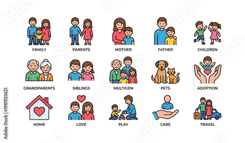 Multigenerational family icons depicting diverse relationships and activities