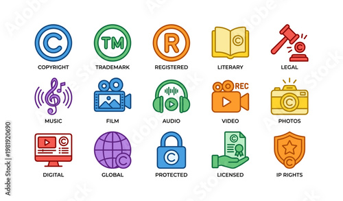 Colorful icons representing intellectual property and media concepts