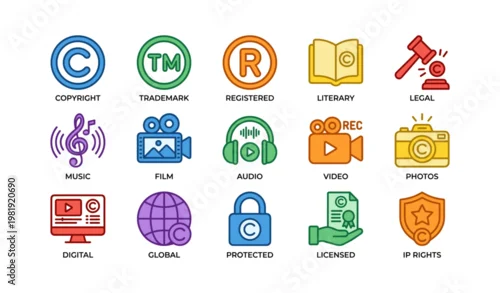 Fototapeta samoprzylepna Colorful icons representing intellectual property and media concepts