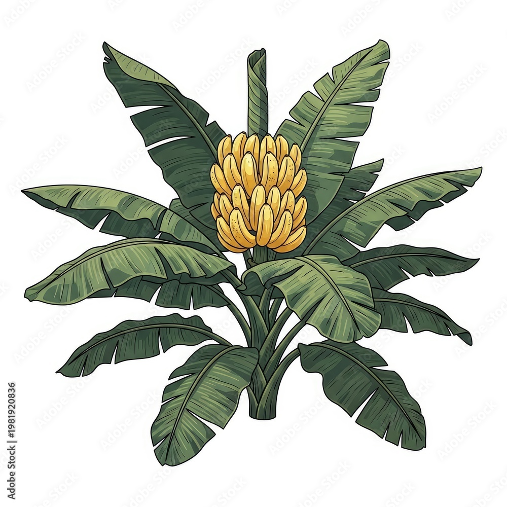 Obraz premium Vibrant Banana Plant With Bananas and Lush Tropical Leaves